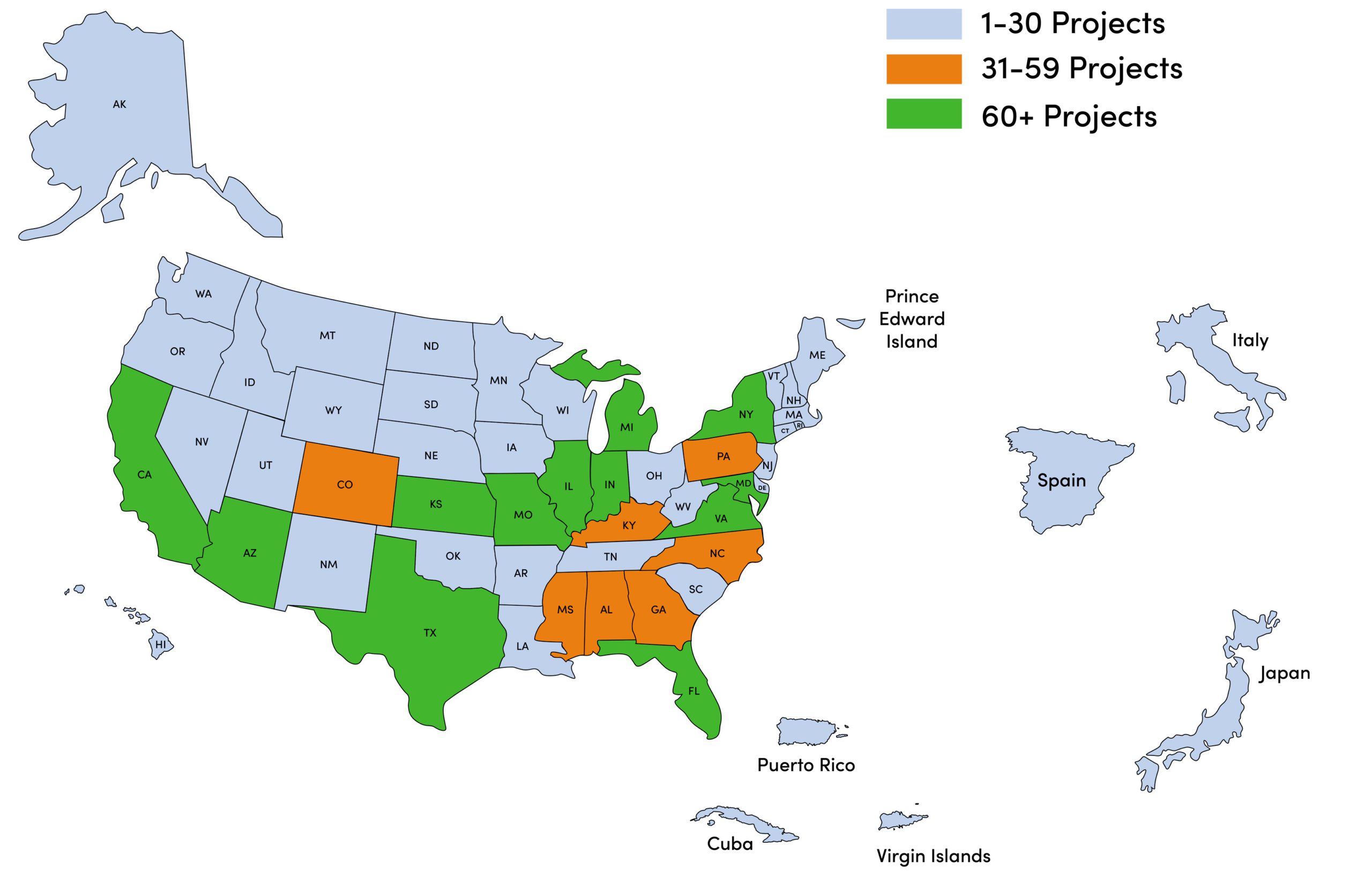 Heat map of the United States displaying the amount of projects in each state