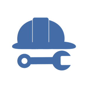 Blue illustration of a hardhat with a wrench underneath 