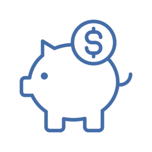 Blue icon of a piggybank with a dollar sign demonstrating money saved from a water infrastructure system analysis